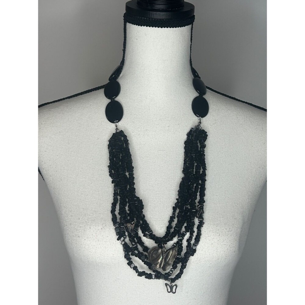 Butterfly Black Multi-Strand Beaded Statement Necklace